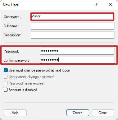 نام حساب کاربری (به عنوان مثال، Visitor) را در قسمت «User name» ایجاد نمایید.